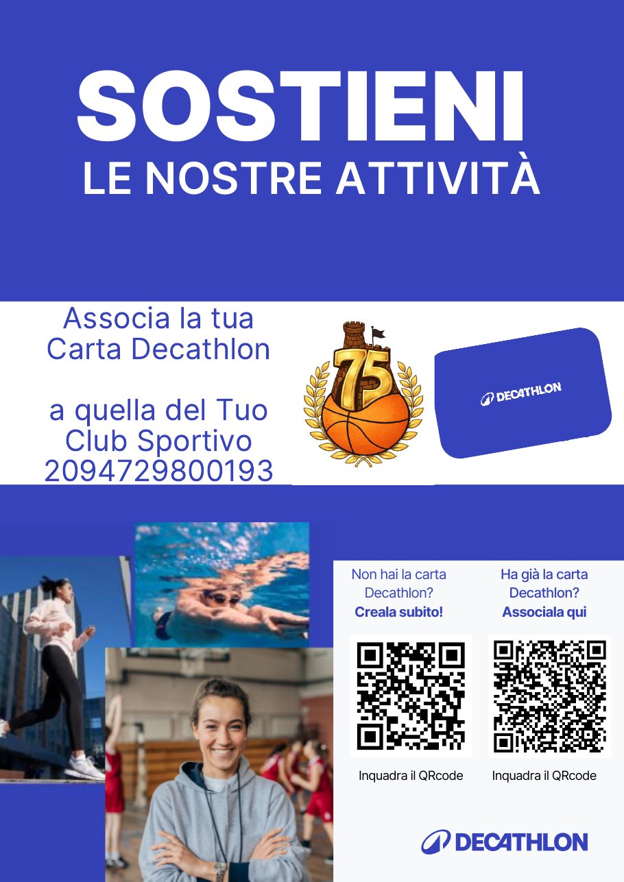 Locandina: associa la tua Carta Decathlon al Basket Cittadella, codice società 2094729800193